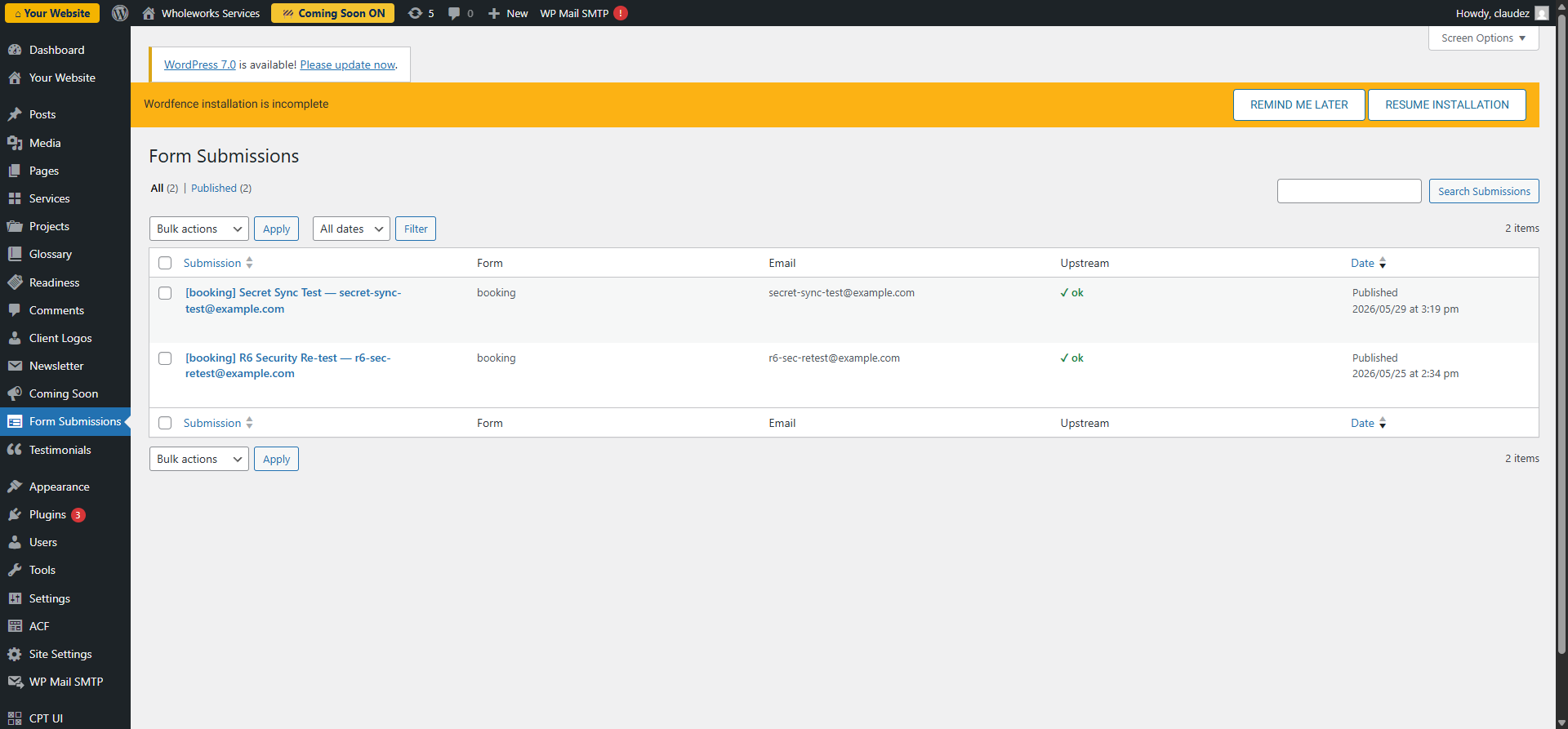 Screenshot: Form submissions (bookings & contact)