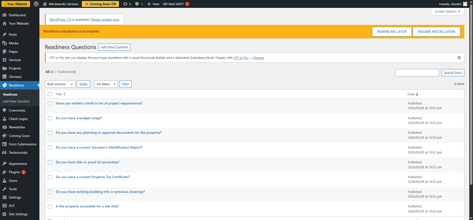 Screenshot: Readiness Check questions