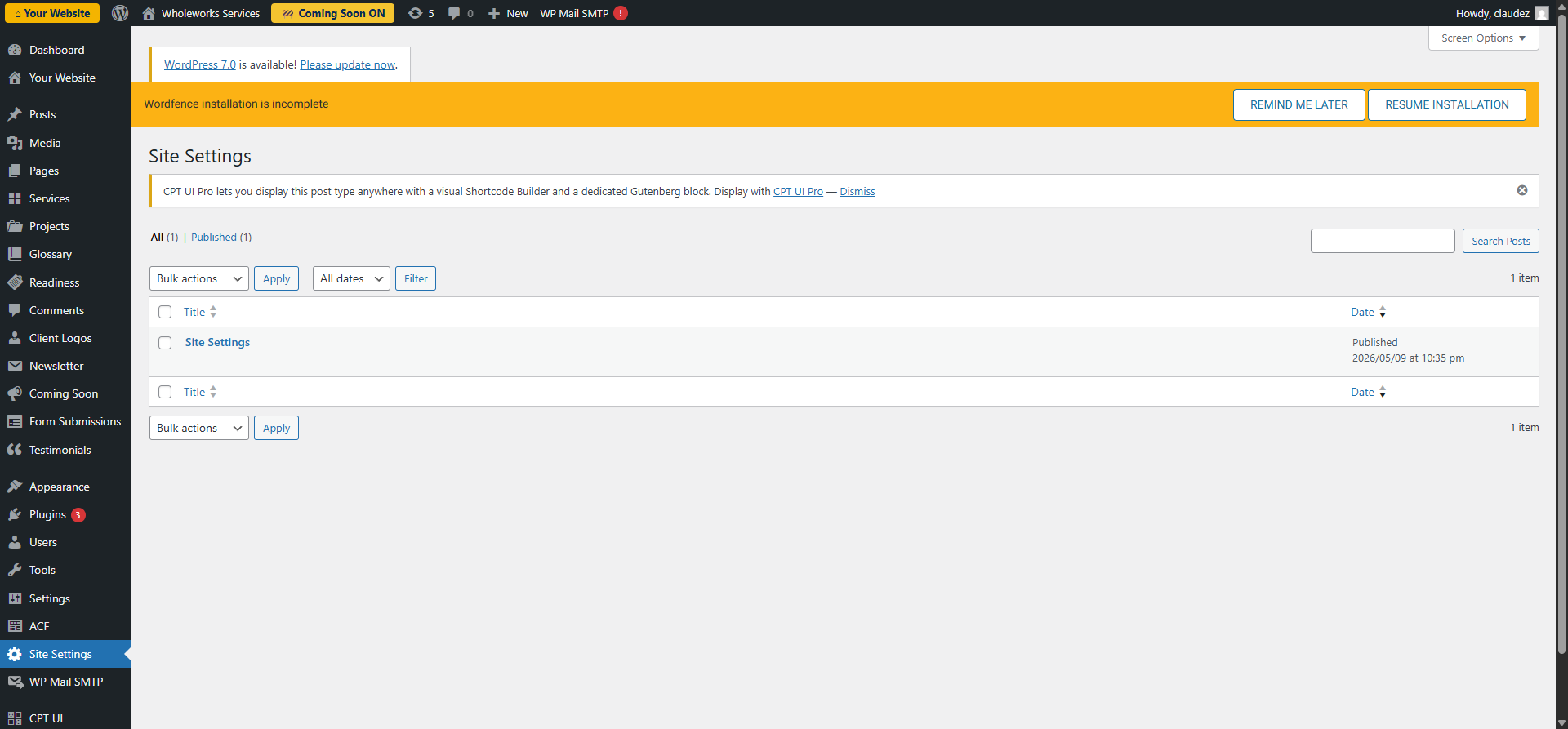Screenshot: Site info — phone, address, social