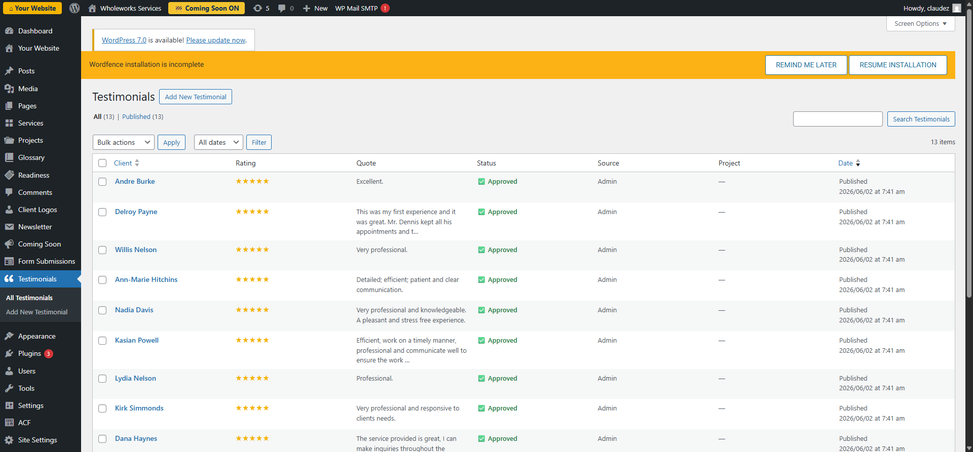 Screenshot: Adding & approving testimonials