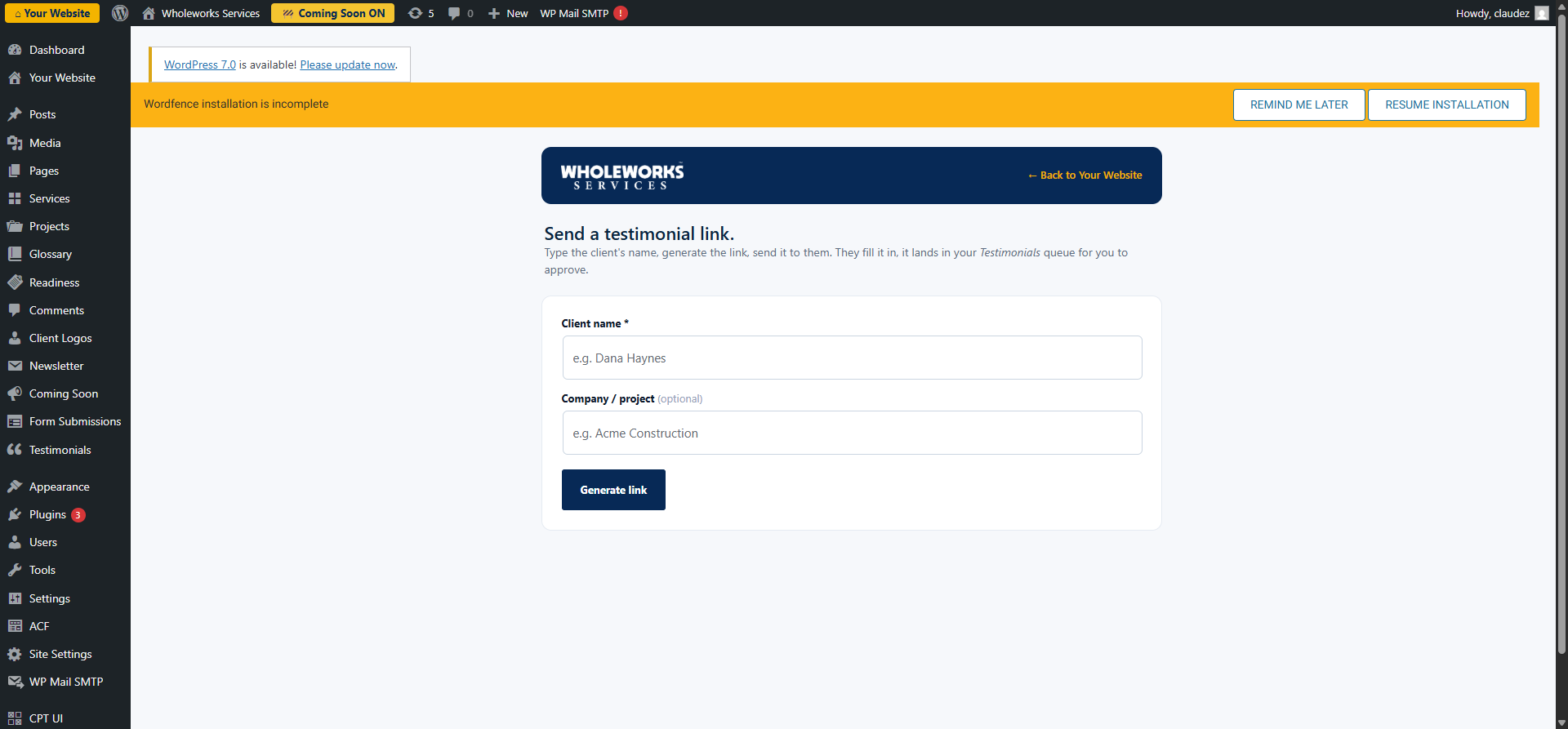 Screenshot: Sending a testimonial link to a client